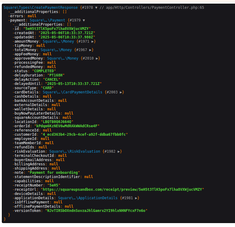 Laravel 12 payment success page confirming completed Square transaction with transaction ID and receipt link